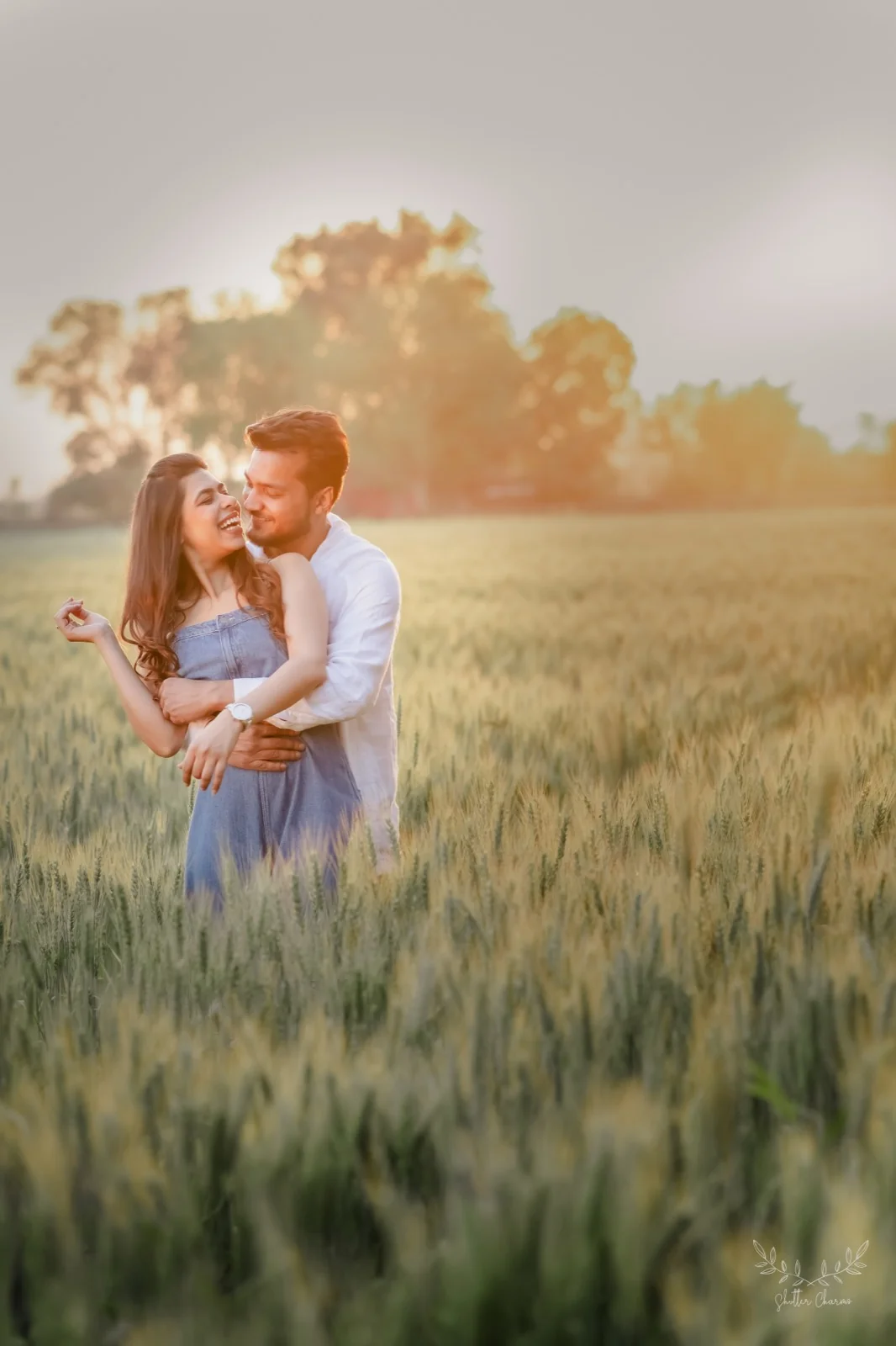 Couple embracing in a golden wheat field at sunset