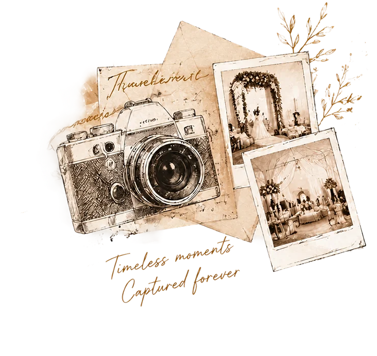 Vintage camera sketch with wedding polaroids — timeless moments captured forever